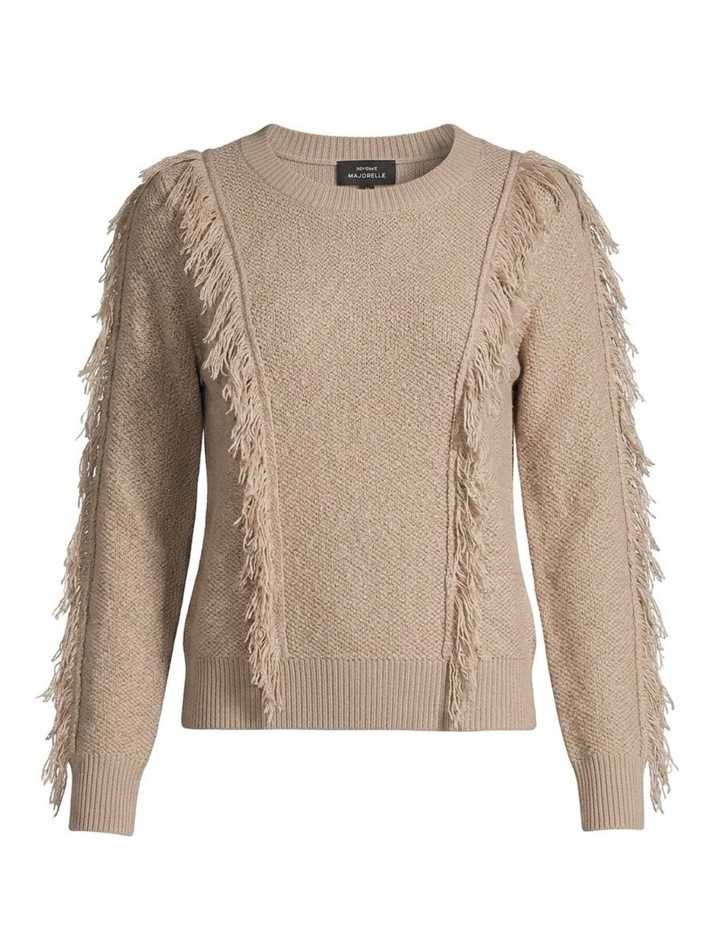 Revolve MAJORELLE Taupe Fringed Crew Neck Sweater